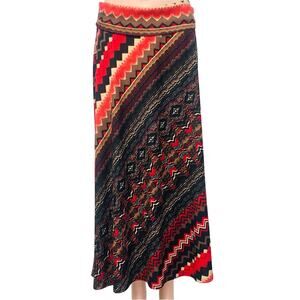 Y2K Sunny Leigh Black Red Gold Aztec Print Skirt Midi length Roll Top Easy Wear